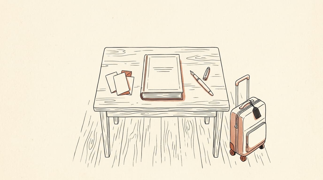 Lijntekening: een vergadertafel van bovenaf gezien met een ingebonden akte, gevouwen stembriefjes, een pen en een rolkoffer ernaast