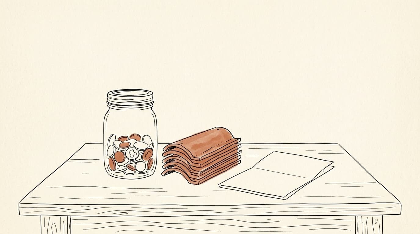 Lijntekening: een half gevulde pot met munten naast een stapel dakpannen en een opgevouwen blad