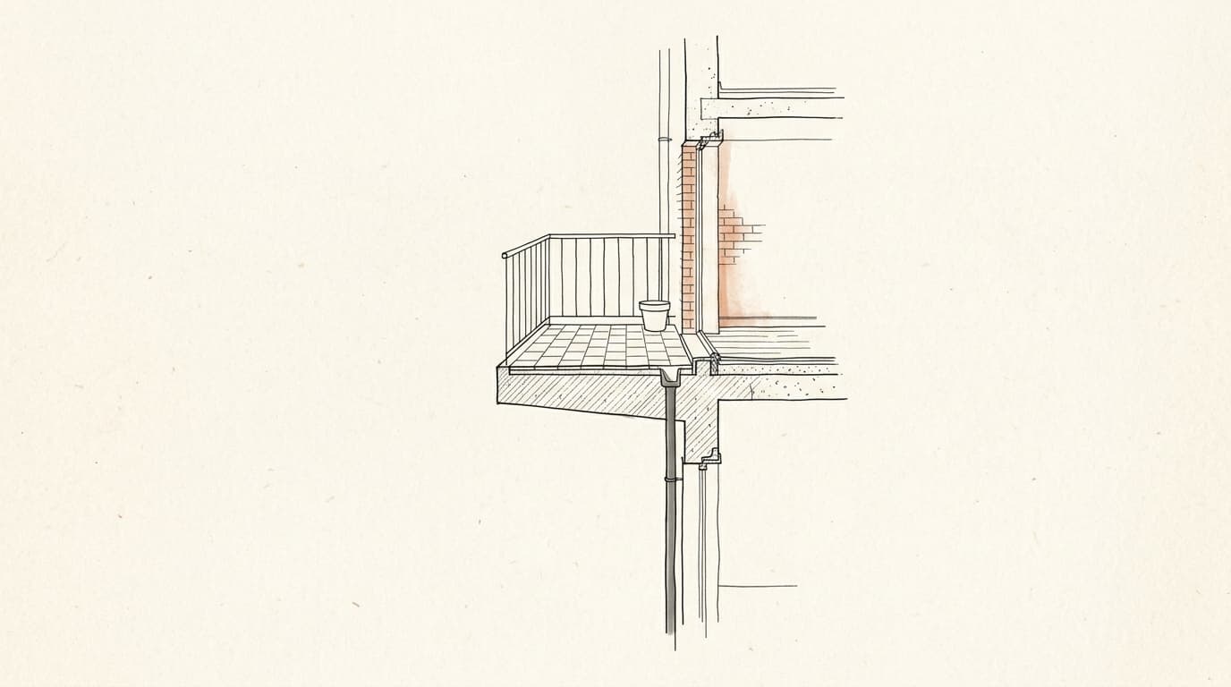 Lijntekening: doorsnede van een balkon aan de gevel, met de draagplaat, de tegels, de borstwering en de waterafvoer