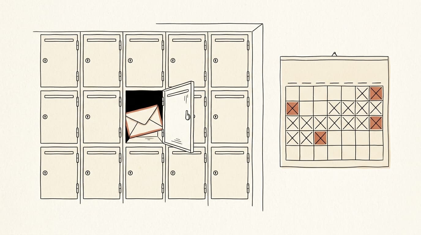 Lijntekening: brievenbussen van een gebouw, een envelop in een open bus, een kalender met doorstreepte dagen