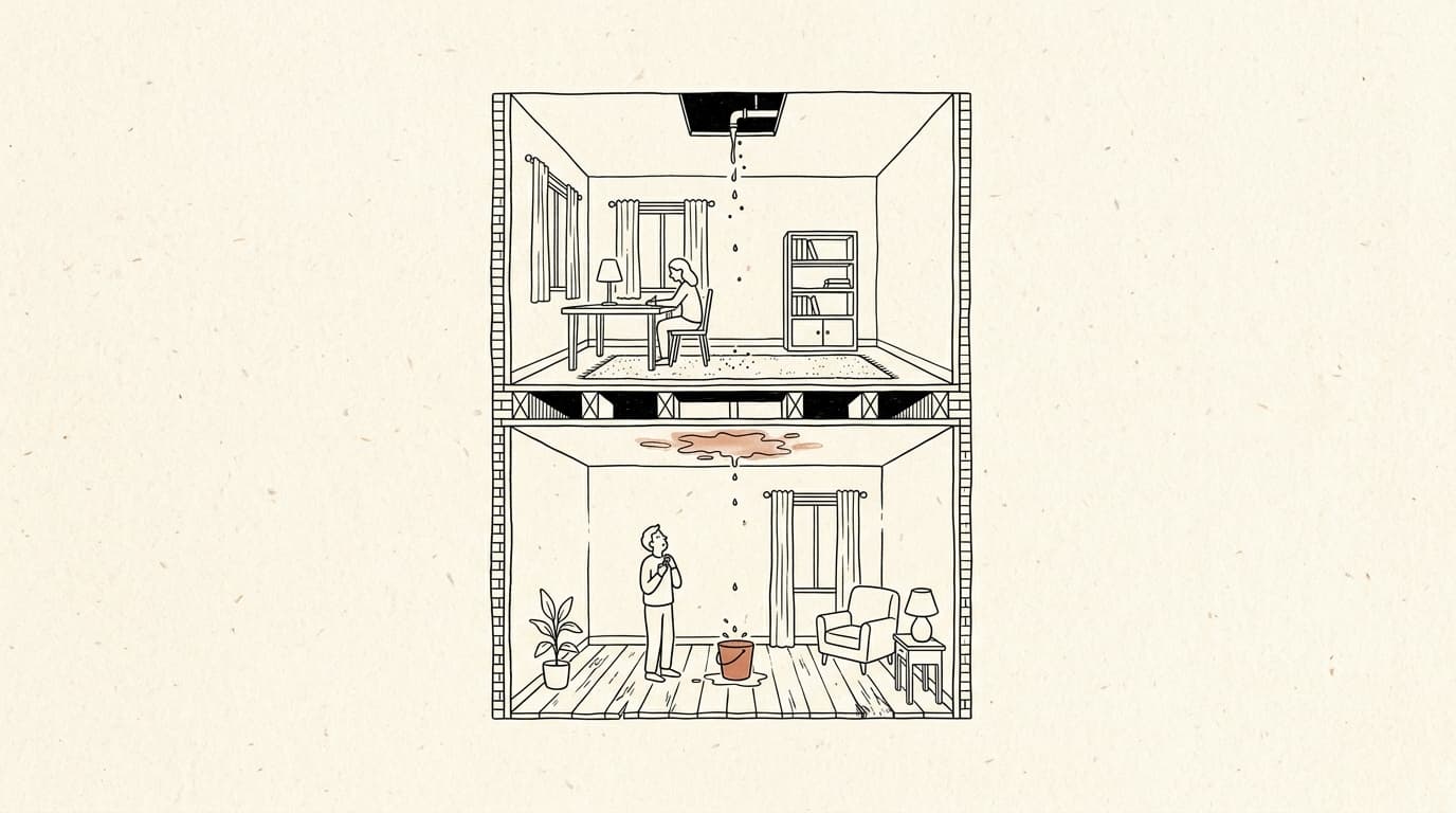 Lijntekening: doorsnede van twee boven elkaar gelegen appartementen, een leiding die in het plafond druppelt en een watervlek boven een emmer
