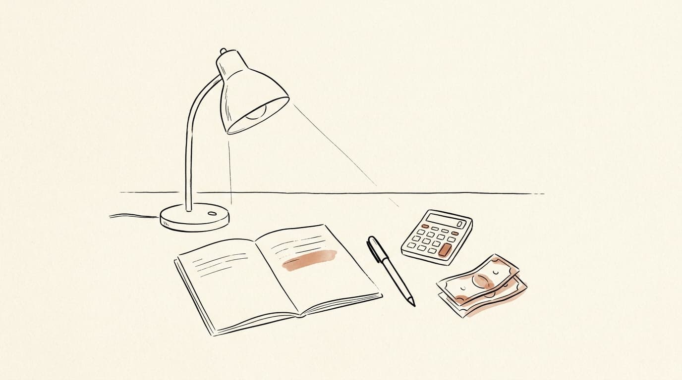 Lijntekening: een bureaulamp verlicht een open notitieboek, een pen, een rekenmachine en enkele bankbiljetten