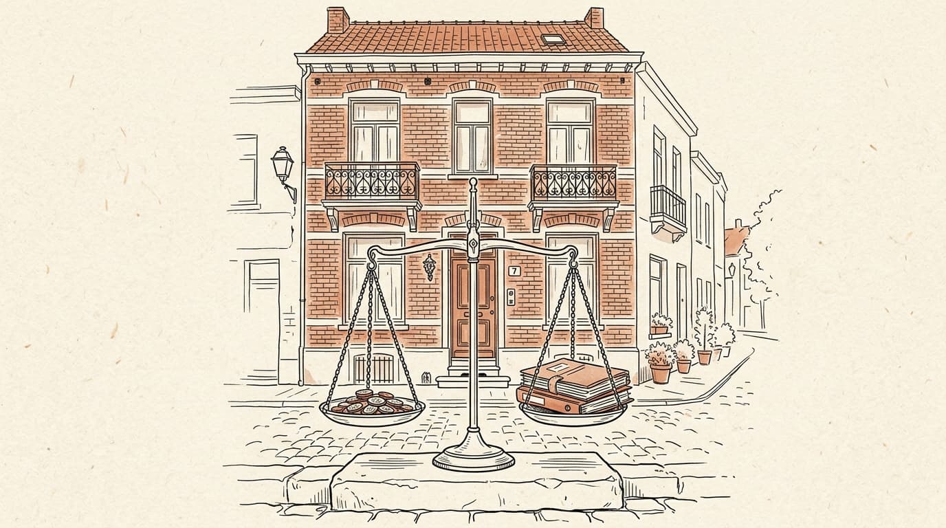 Lijntekening: gevel van een bakstenen gebouw en een weegschaal, met muntstukken aan de ene kant en dossiers aan de andere