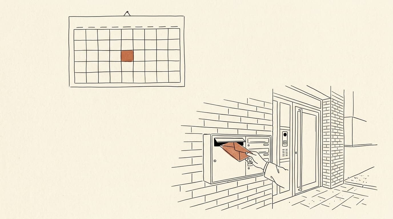 Lijntekening: een wandkalender met één gekleurd vakje, en een envelop die in de brievenbus van een appartementsgebouw wordt geschoven