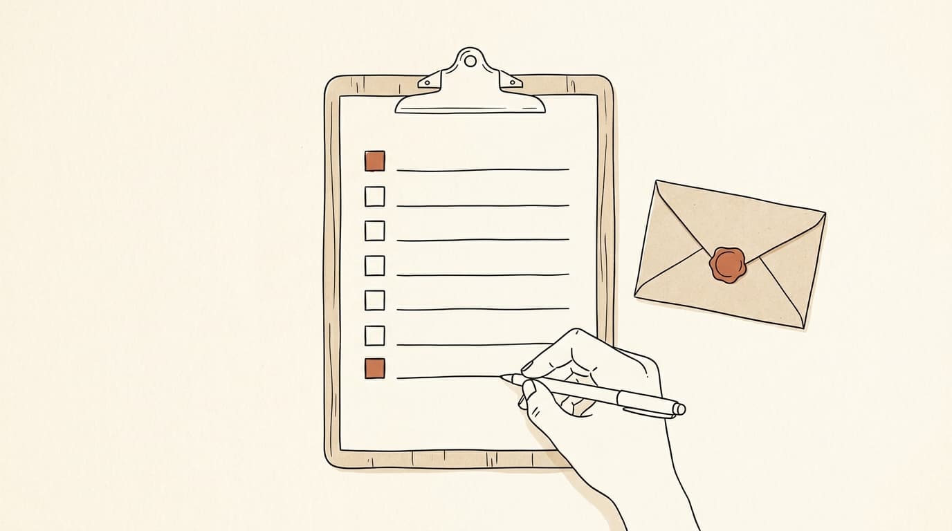 Lijntekening: een hand voegt een regel toe onderaan een lijst op een klembord, naast een gesloten envelop