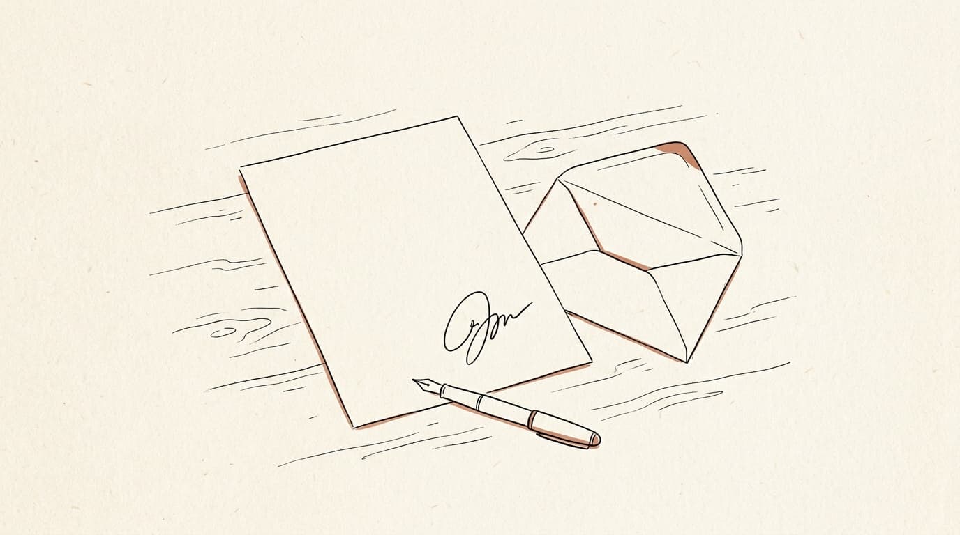 Line drawing: a signed sheet, a pen and an open envelope on a wooden table