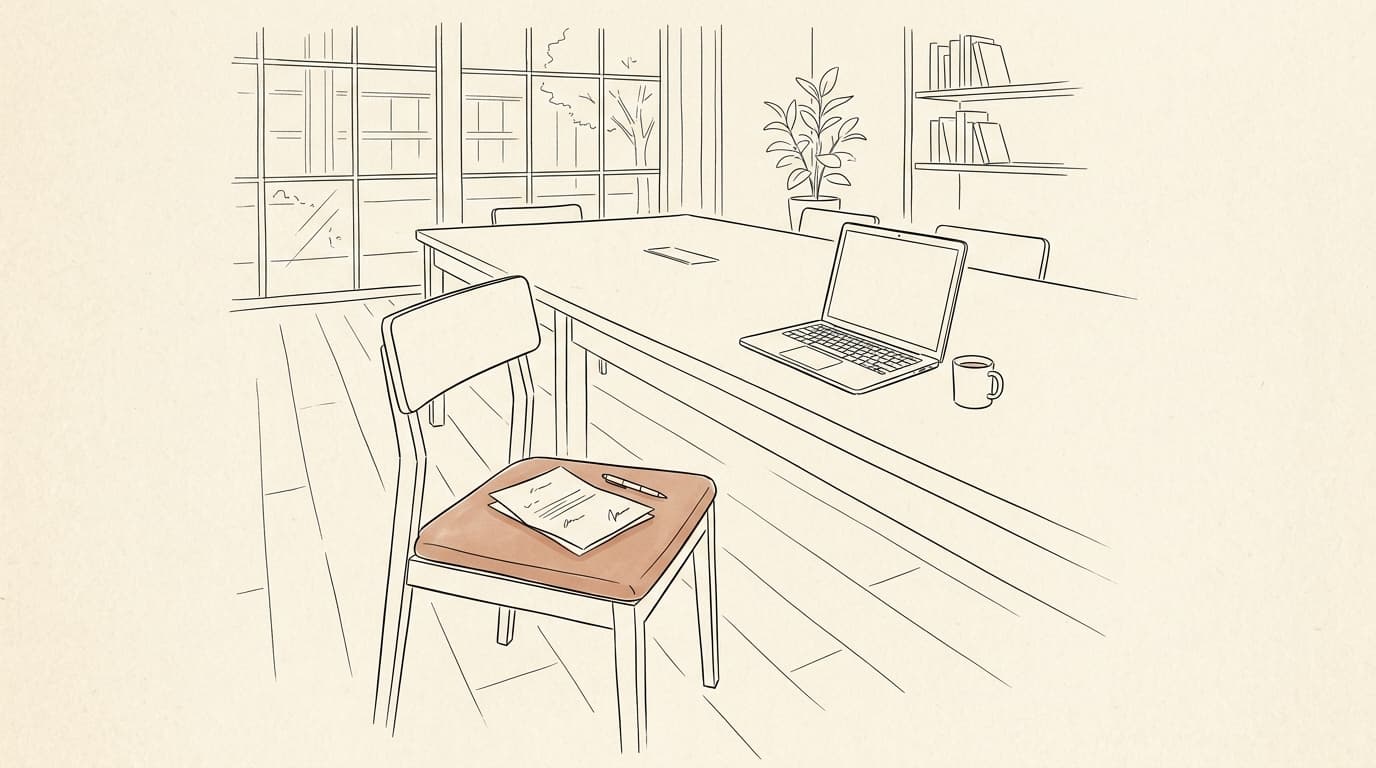Line drawing: an empty chair in front of a meeting table, with a signed sheet of paper and a pen on the seat and an open laptop at the end of the table