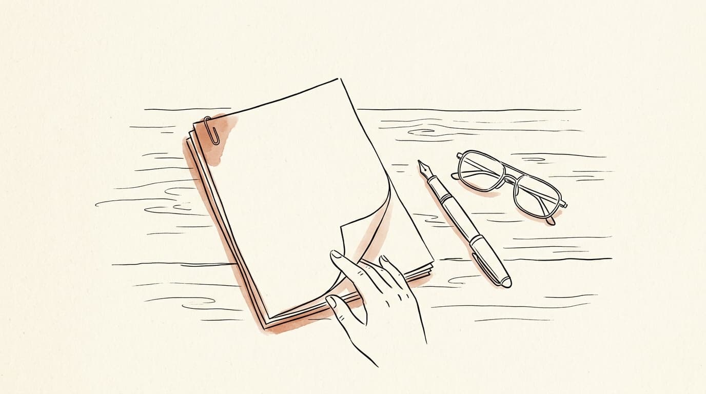 Lijntekening: een stapel geniete bladen op een tafel, met een vulpen en een bril