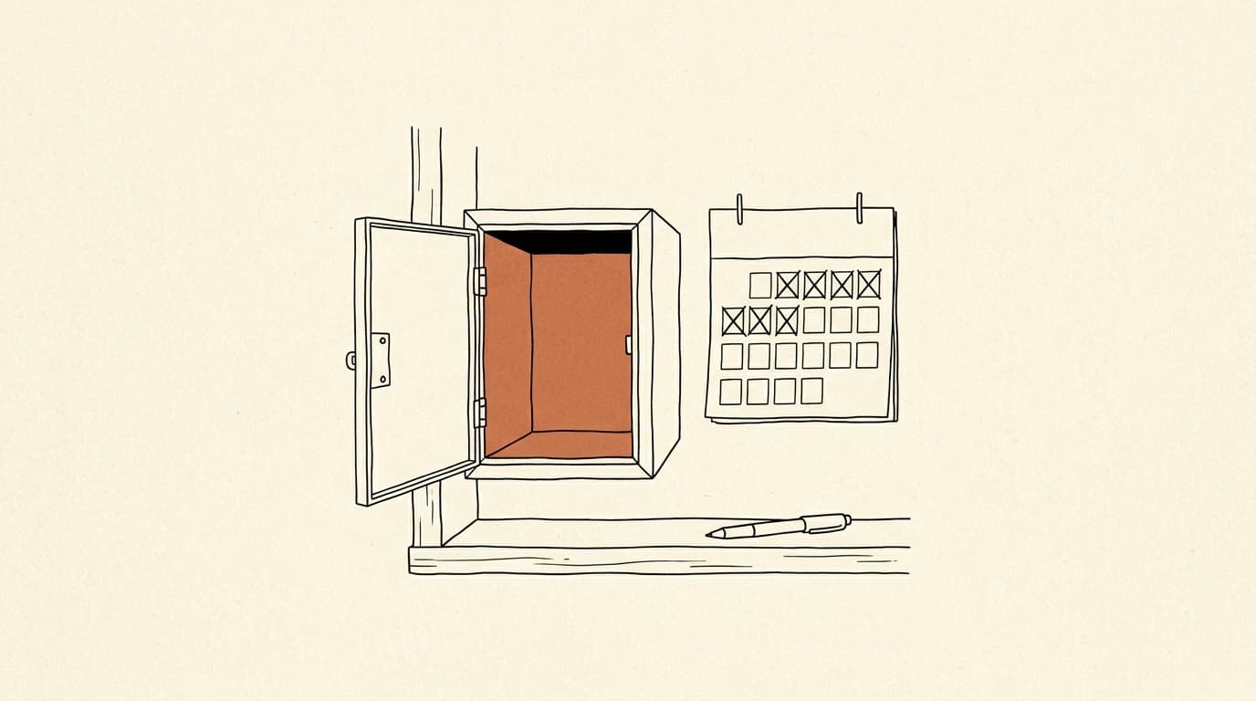 Lijntekening: een open en lege brievenbus van een appartementsgebouw, naast een wandkalender met doorgestreepte dagen