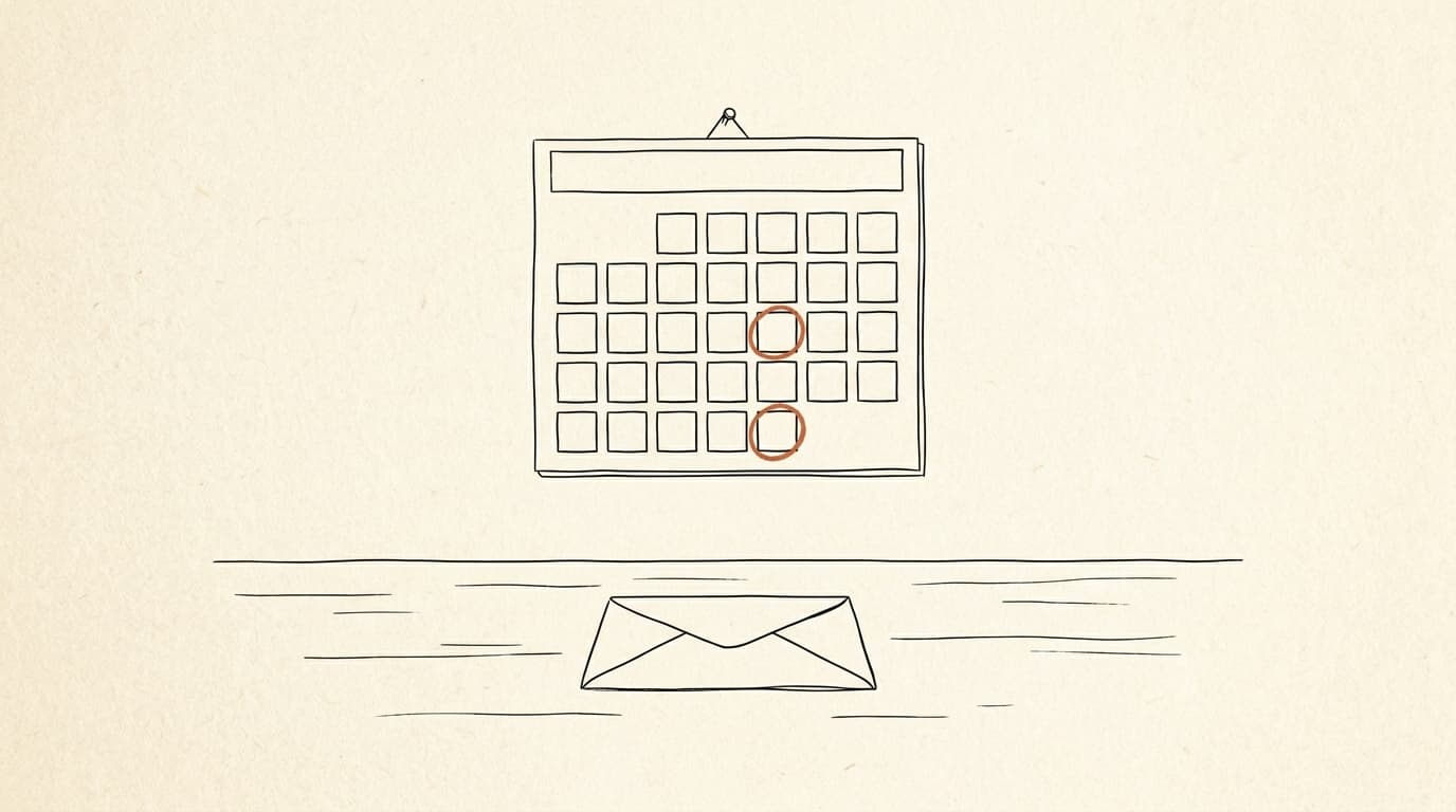 Lijntekening: een wandkalender met twee omcirkelde dagen, een gesloten envelop op een bureau