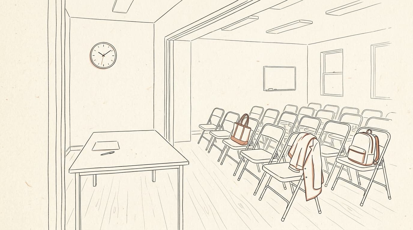 Lijntekening: een vergaderzaal met bijna allemaal lege klapstoelen, een tafel met een blad en een pen, een klok aan de muur