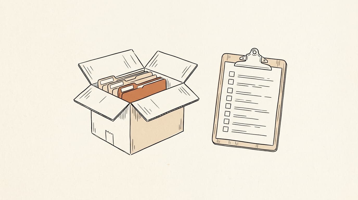 Lijntekening: een geopende archiefdoos met mappen, naast een lege checklist