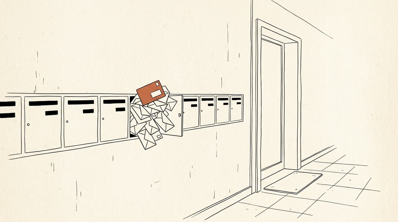 Lijntekening: inkomhal van een appartementsgebouw met een rij brievenbussen, waarvan er één uitpuilt van onbeantwoorde enveloppen