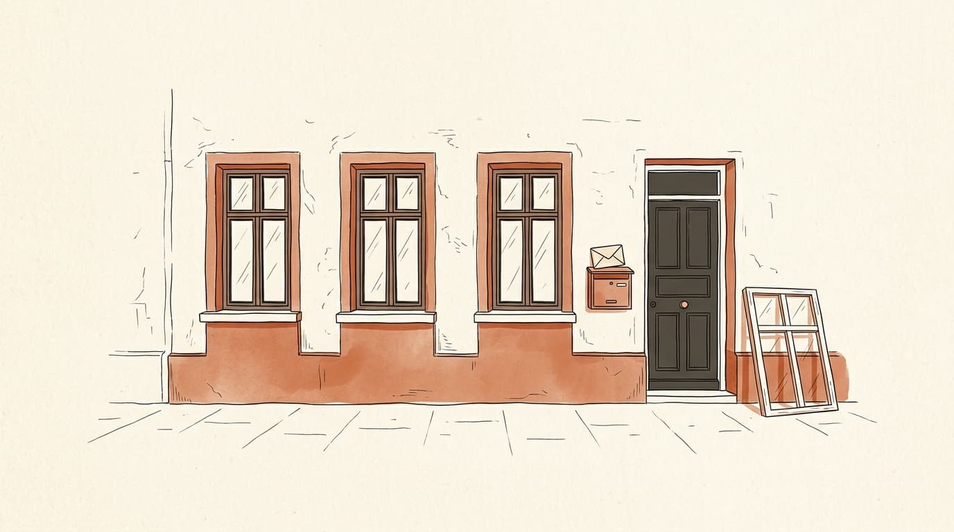 Lijntekening: een gebouwgevel met identieke ramen, een uitgenomen raamkozijn dat tegen de muur leunt, en een envelop op de brievenbus