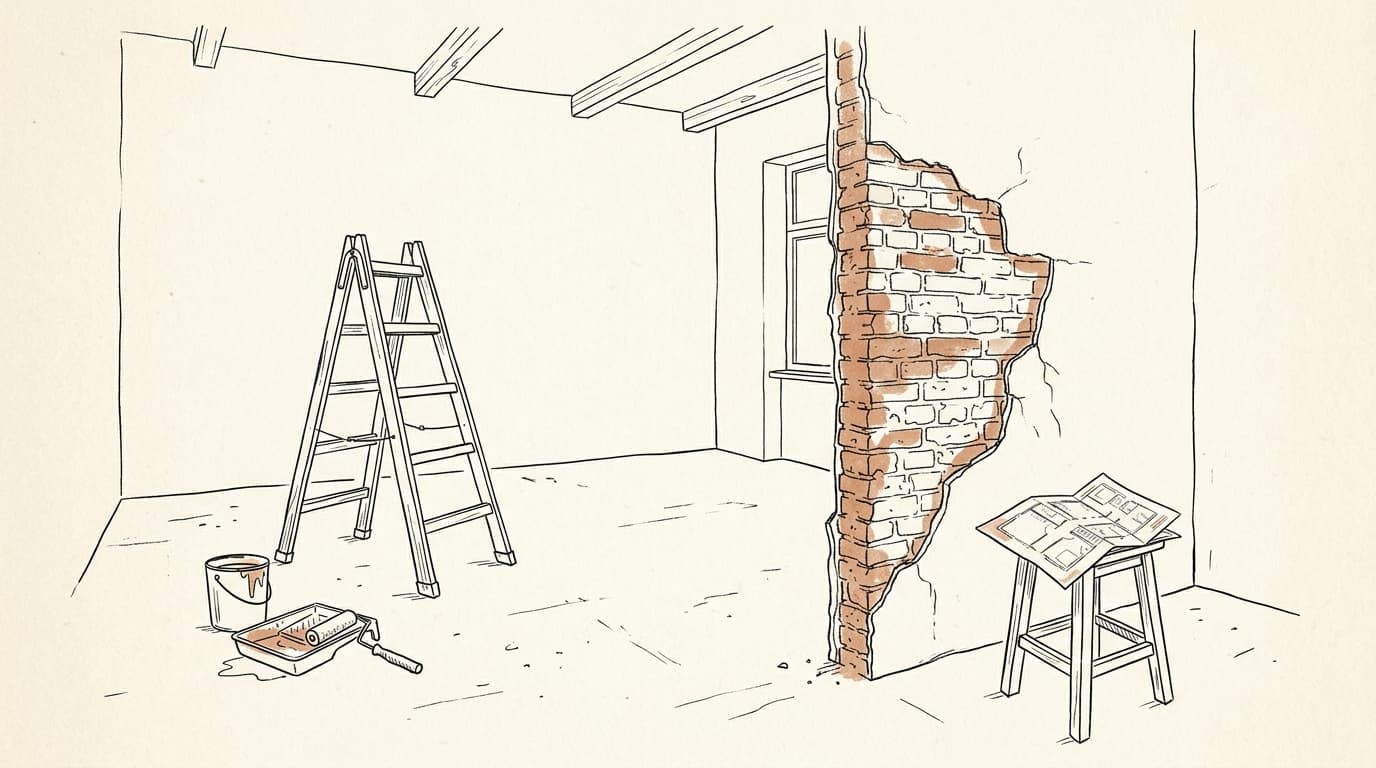 Lijntekening: een lege kamer in renovatie, een trapladder, een verfbak en een binnenmuur die gedeeltelijk tot op de bakstenen is opengemaakt