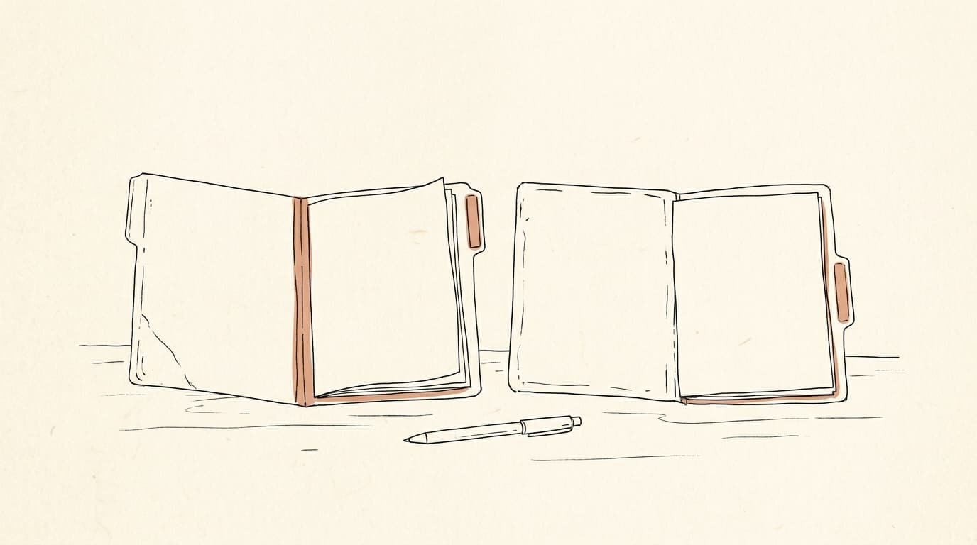 Lijntekening: twee geopende mappen naast elkaar op een bureau, met een pen