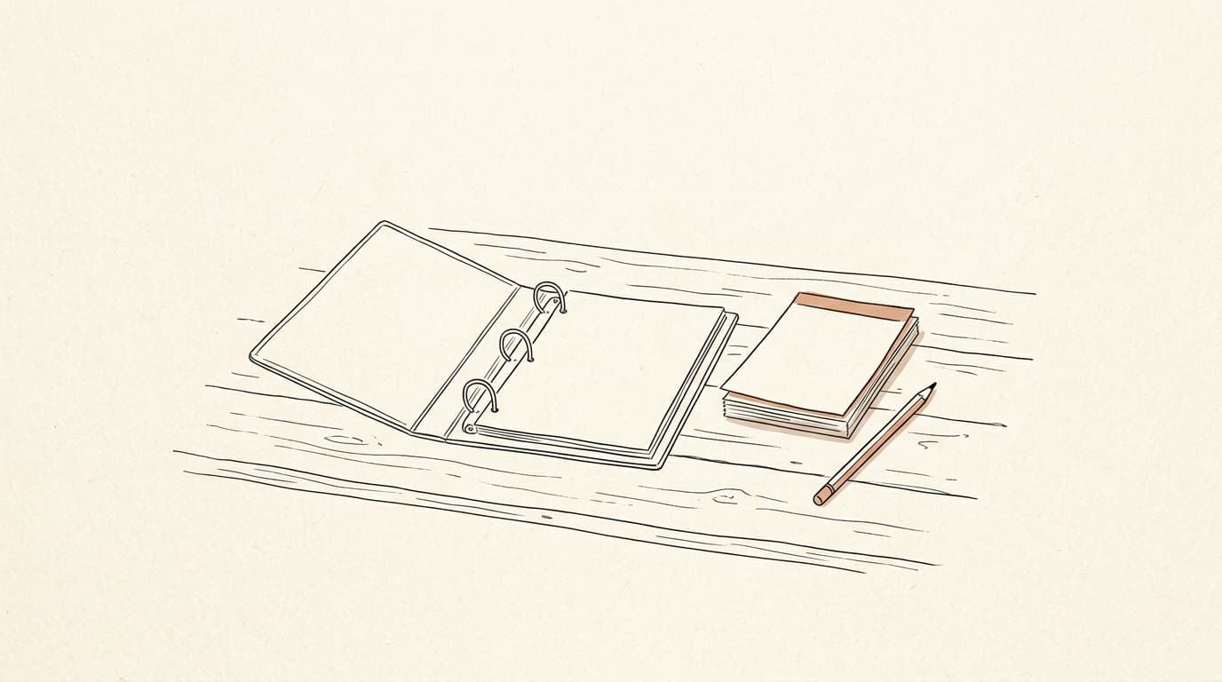 Lijntekening: een open ringmap, een stapeltje vellen en een potlood op een houten tafel